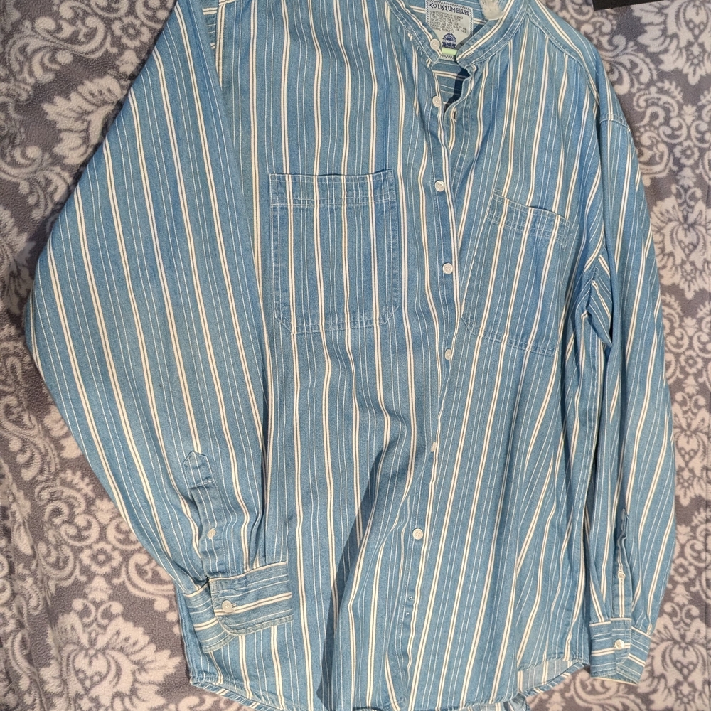 Men's Blue and White Striped Casual Shirt